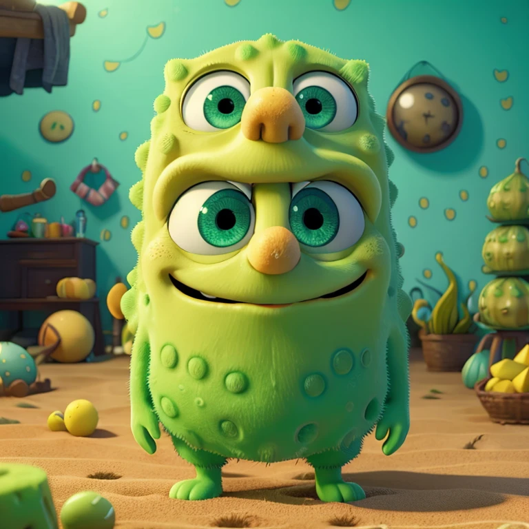 A highly realistic image of SpongeBob SquarePants:
Um bob esponja utra realista, with vivid green skin and precise details in her round eyes and rubber balls in her hands,estendido em frente de um quarto de arroz com uma panela zelada prestes a cozer. His expressive face features the friendly, relaxed smile he is well known for.. Em fundo, pode-se ver Bikini Bottom com todos os seus detalhes, including houses and common areas. De