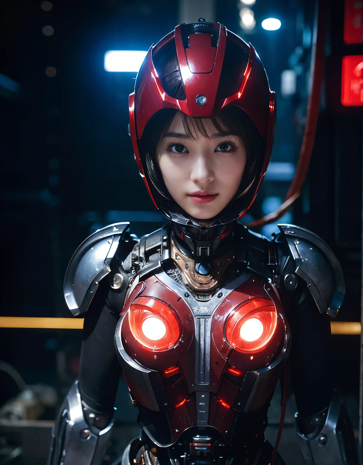 (Skimpy mechanical girl and alien background)、（Mystical expression）、highest quality、masterpiece、Super high resolution、(Photoreal:1.4)、RAW photo、1 girl、glowing skin、(((1 Mechanical Girl)))、Heavy chest、（red metalボディスーツ）、(Natural alien background to fight aliens)、(Small LED)、((Super realistic details))、vertical giant monster background),global illumination、Shadow、octane rendering、8K、super sharp、robotの背景、big breasts、Raw skin exposed in the cleavage、red metal、intricate decorative details、Japan details、very intricate details、realistic light、(Mystical expression),CG Society Trenlow Eyes、Eyes shining towards the camera、Mechanical marginal blood vessels connected to neon detail tubes)、(Wires and cables connecting to the head)、Small LED、,mechanical thighs、two stock、（Hands are also made of machines）、robot、future alien、Please wear a mechanical helmet、transparent face guard on helmet、