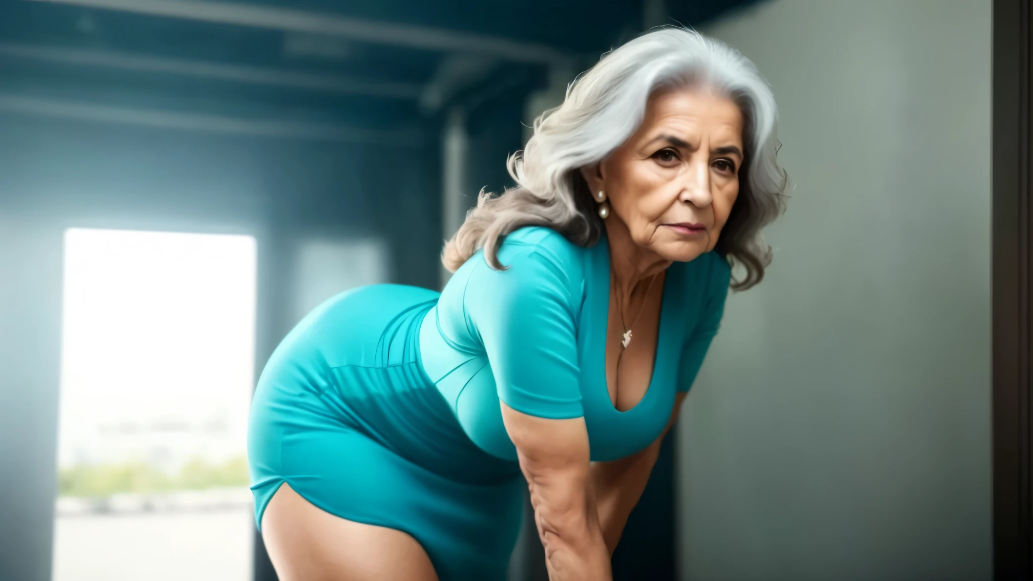 there is a woman in a blue dress leaning on a suitcase, ela tem cerca de 6 0 anos, she is about 7 0 anos, ela tem cerca de 50 anos, O super gostoso e sexy, 5 5 eles, mulher mais velha, 7 0 anos, 70 anos, barbara martelo 4k, in teal clothes, mulher intimidadora, Deusa grega idosa