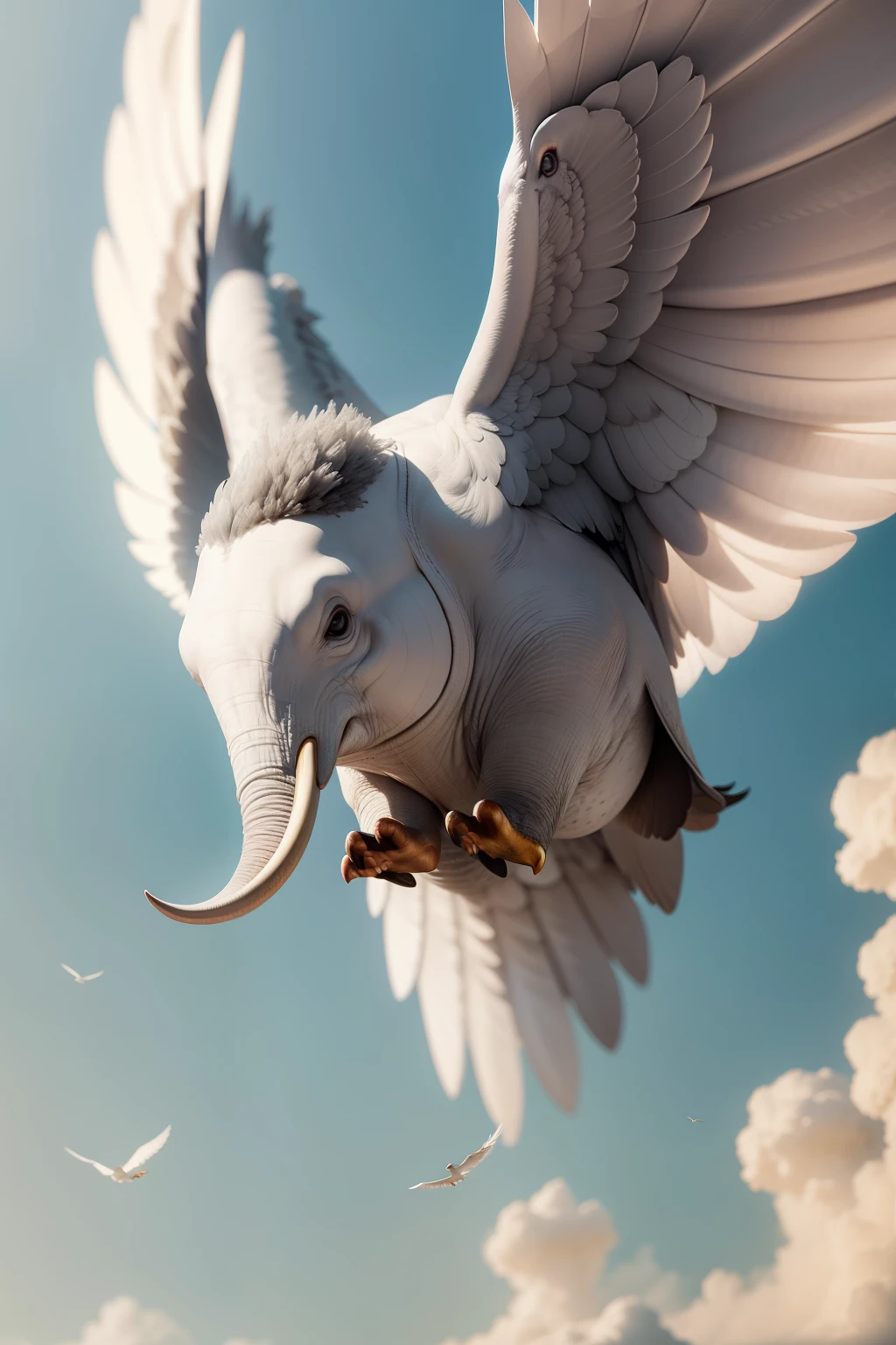 In an astonishingly realistic image, a majestic dove with an elephant head takes flight. Its feathers are meticulously detailed in shades of soft white and gray, shimmering in the light as the bird spreads its wings for a graceful glide. The elephantine head is equally impressive, with wrinkled gray skin, long curving tusks, and wise, knowing eyes. A sense of peaceful surrealism envelops the scene as the unusual creature soars above, igniting the imagination and defying the norms of natural observation.