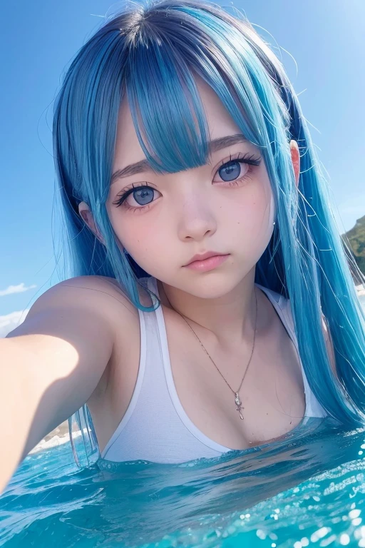 anime de una adolescente de finos rasgos faciales, su cabello largo de color azul celeste cae en ondas suaves. la luz destaca cada hebra de cabello. los ojos de un azul profundo como el oceano