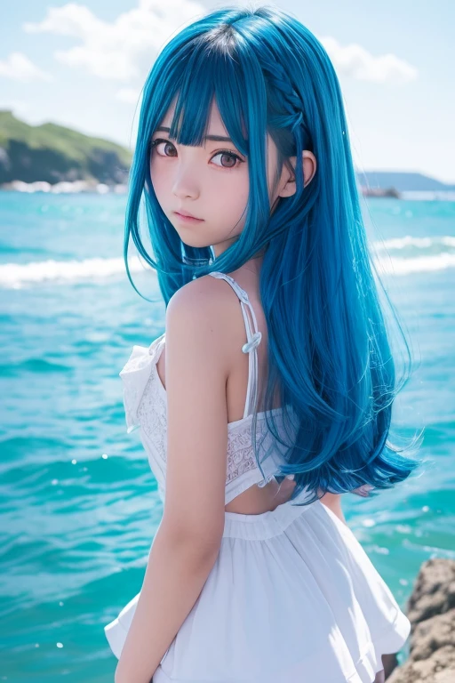 Embarrassed face, high school girl, blue hair, blue eyes, like the sea, sparkling, cute