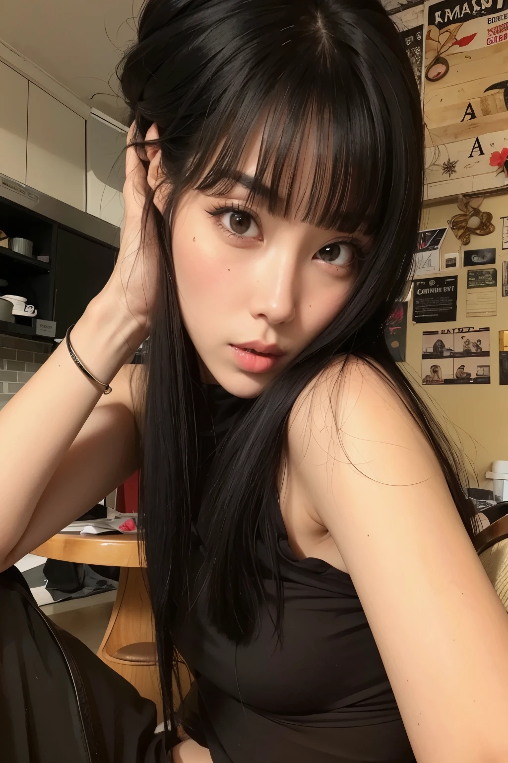There is a woman sitting in a chair with her hand on her head, she has black hair com franja, com franja completa, com franja, Ulzzang, neat hair com franja, long black hair com franja, long hair com franja, linda mulher sul-coreana, Franja reta longa, long hair com franja completa, coreana, long dark hair com franja
