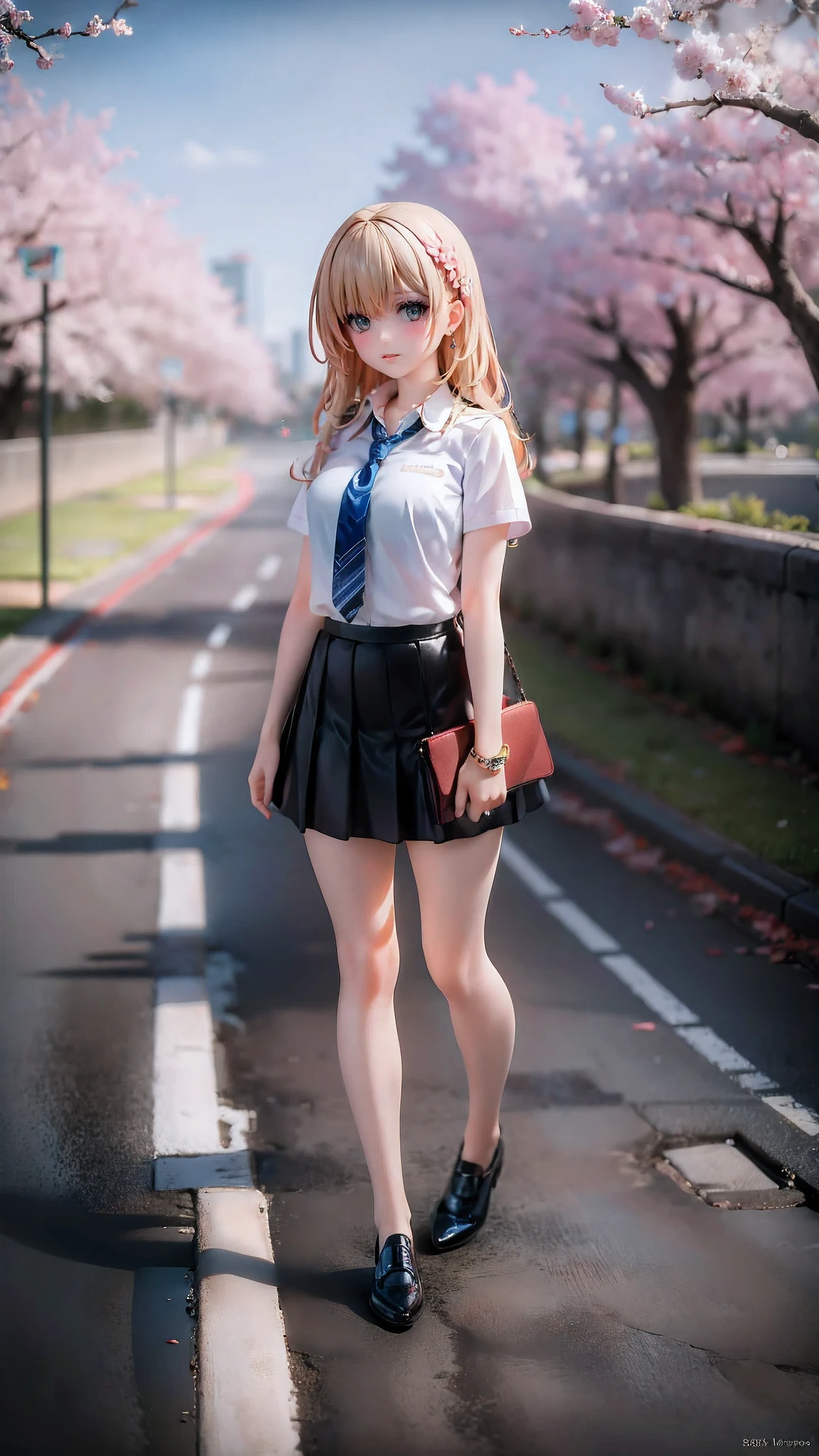 1girl, black skirt, branch, building, chain-link fence, cherry blossoms, fence, long hair, outdoors, petals, pleated skirt, rain, shirt, short sleeves, skirt, solo, standing, tree,
sky,street