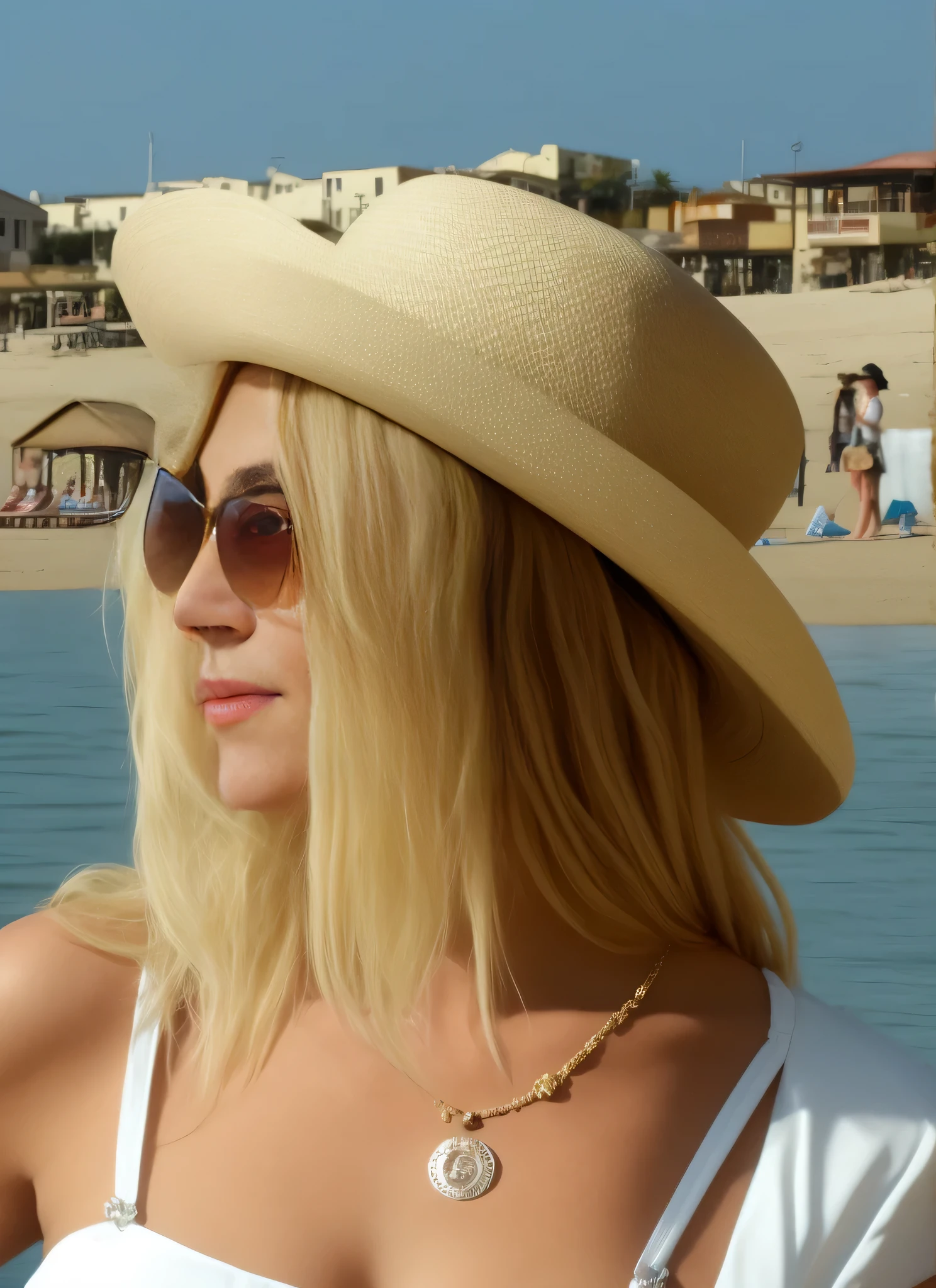 blond woman in a white dress and hat on the beach, wearing sunglasses and a hat, wearing straw hat, wearing a travel hat, wearing wide sunhat, with straw hat, beige fedora, straw hat, she is wearing a hat, white straw flat brimmed hat, wearing hat, wearing huge straw hat, with sunglass, in the sun