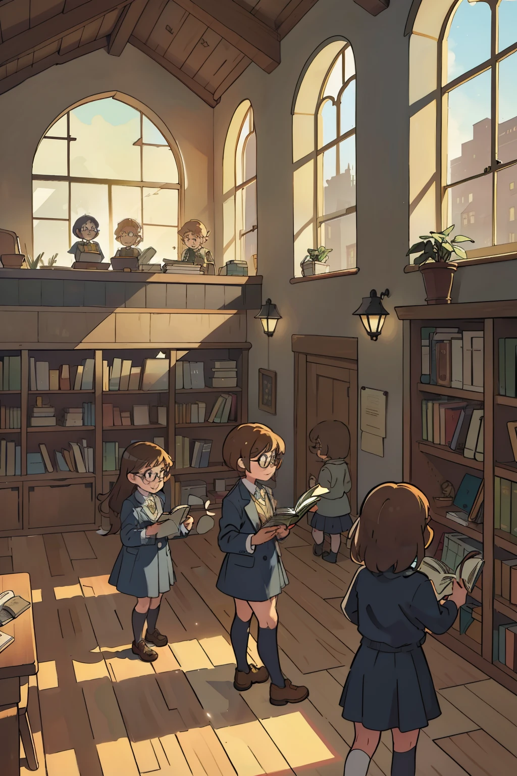 An upscale interior image of a college campus: children in detective costumes, stockings and magnifying glasses, hunched over cracked open books and scattered papers at a well-lit table in the library, Preparing to start their next clue-solving adventure. The playground outside the window is bustling with activity, filled with laughing children swinging, sliding, and playing catch. The sunbeams peek through the tall windows, casting long shadows on the polished wooden floors. The atmosphere is one of excitement and anticipation, as the children fuel their curiosity and collaboration to crack the next case. The room is adorned with potted plants, bookshelves overflowing with educational texts, and modern technology gadget