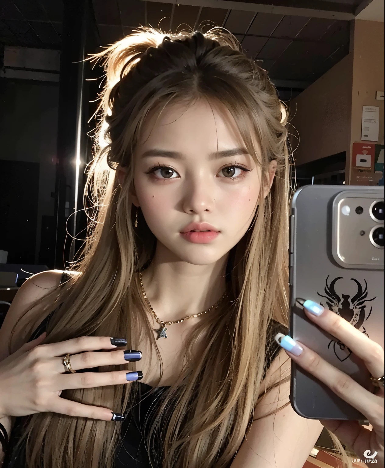 Araffe girl with long hair and a star ring taking a selfie., Lalisa Manobal, Lalisa Manoban de Blackpink, ulzzang, parque roseanne de blackpink, tzuyu de dos veces, maquillaje popular de corea del sur, con pelo largo y ojos penetrantes, 8k selfie photography, retrato de jossi de blackpink, pelo largo y rubio y ojos grandes