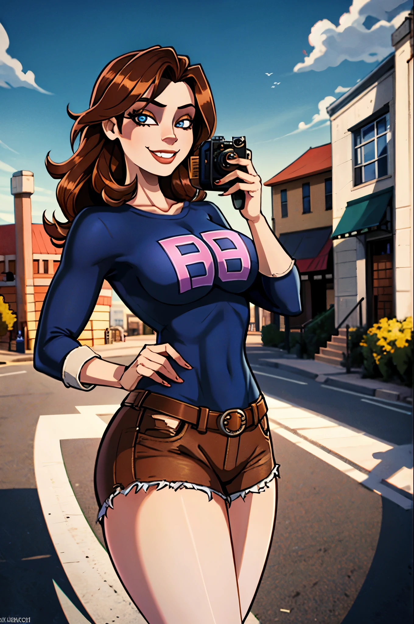 1girl, (solo:1.2), (standing:1.3), (posing for the camera:1.3), (cowboy shot:1.5), smile, happy, at ease, (curvy:1.2), (masterpiece:1.3), (best quality:1.3), (perfect anatomy:1.4), highly detailed, agawa, vibrant colors, warm palette, expressive, solid shading, clean lineart, (gigantic breasts:1.4), (brown hair:1.3), beautiful face, beautiful eyes, (curvy:1.4), long hair, (casual attire:1.5), shirt, loose fit, (small town:1.3), street, daylight, blue sky, western architecture