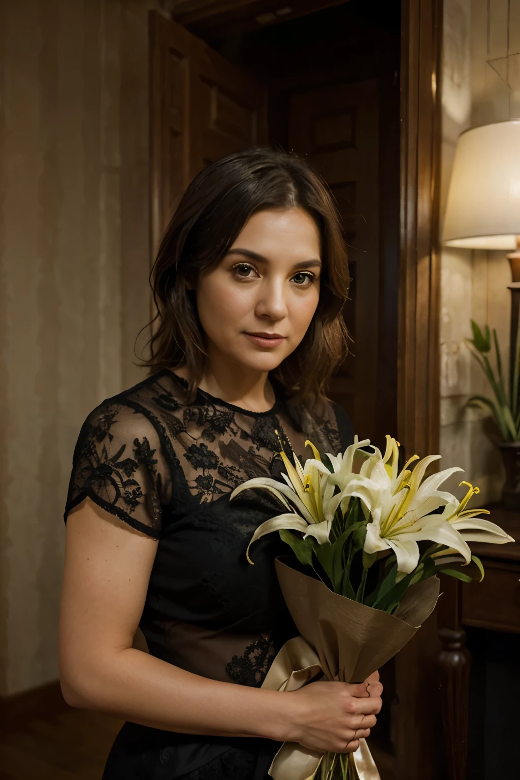 Using the six most commonly used texture maps ,create a photograph of a beautiful middle aged woman, holding a large bouquet of lily flowers, create an atmosphere of mystery, add an expression on her face to match the theme, diffuse all the colours