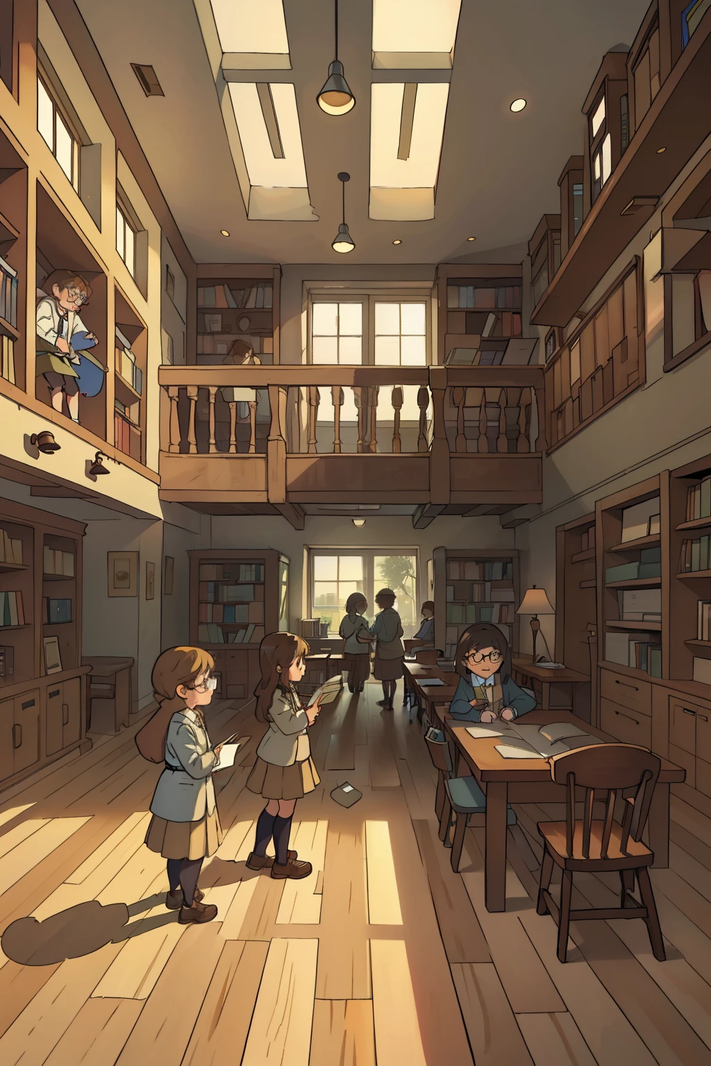 An upscale interior image of a college campus: children in detective costumes, stockings and magnifying glasses, hunched over cracked open books and scattered papers at a well-lit table in the library, Preparing to start their next clue-solving adventure. The playground outside the window is bustling with activity, filled with laughing children swinging, sliding, and playing catch. The sunbeams peek through the tall windows, casting long shadows on the polished wooden floors. The atmosphere is one of excitement and anticipation, as the children fuel their curiosity and collaboration to crack the next case. The room is adorned with potted plants, bookshelves overflowing with educational texts, and modern technology gadget