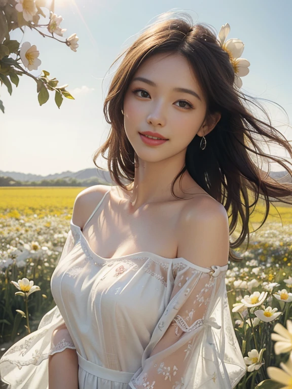 (best quality,masterpiece:1.2),ultra-high resolution, (photorealistic:1.4),raw photo, 1 girl, white dress, see through, off-the-shoulder, Blooming flower field, glowing skin, gentle smile, illustrations, vivid colors, warm sunlight, dreamy atmosphere.