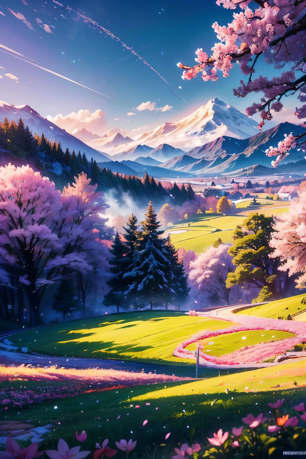 quickly: masterpiece, best quality, Super detailed, 1 girl, Detailed water, long hair, spiral curls, Red hair, light gray eyes, (close up), maple, There's mistletoe everywhere, Gorgeous, mapleand云杉树, cherry, cherry tree, Smile, View from the front, wolf ears, Snowy background, Science fiction, Multi-tailed, Tall evergreen trees stand proudly, Their branches were weighed down by the heavy snow, Volumetric lighting AND masterpiece, best quality, high quality, Extremely detailed CG unified 8k wallpaper of vibrant spring scenery, 焕发出新的生命and色彩. The rolling hills are covered with green carpets, Dotted with delicate pink wildflowers, purple, and, Volumetric lighting