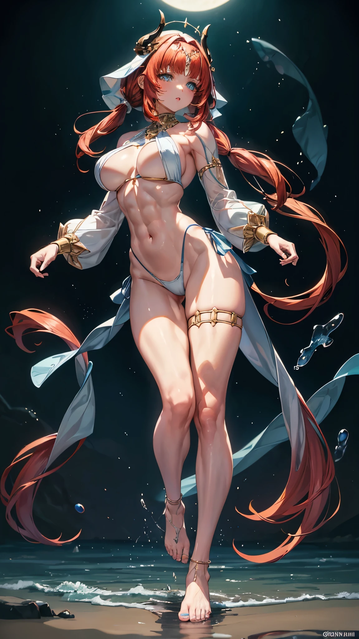 A girl, (nilou from Genshin Impact), with a straight haircut, large and expressive eyes, (wearing a very short and sensual bikini), (wearing blue nail polish on her hands and blue nail polish with pink on her feet), ((( thin muscular legs))), blue eyes, (((nilou))), red hair, long hair, Mesmerizing, medium breasts, (muscular belly), wide hips, thin waist, big ass, perfect feet with very well detailed toes , Perfect hands and very well detailed fingers, toenails a little square, standing, bare feet, full body photo, on the beach, at night with starry sky and full moon in the sky, eye reflection, glowing eyes, Sulking, anime, anime style, Cinematic lighting, ray tracing, Panorama, Sony FE, High definition, artwork, anatomically correct, Textured skin, super detail, high quality, high resolution, high definition, 16k
Consume