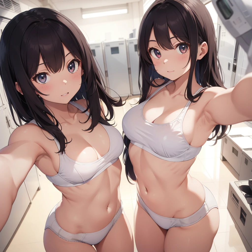 (masterpeace, high quality), multiple girls, petite, schoolgirls, slim, gym locker room, (white panties), white bra, topless, nipple, (group selfie), white, bright, soft light, strong arms, muscular thighs, ripped muscles, six pack abs, muscle arms, muscular, slim, Petite, flat chest, hyper detailed, Intricate design, Luminous, 4K, 8K, Cinematic lighting, Contour lighting