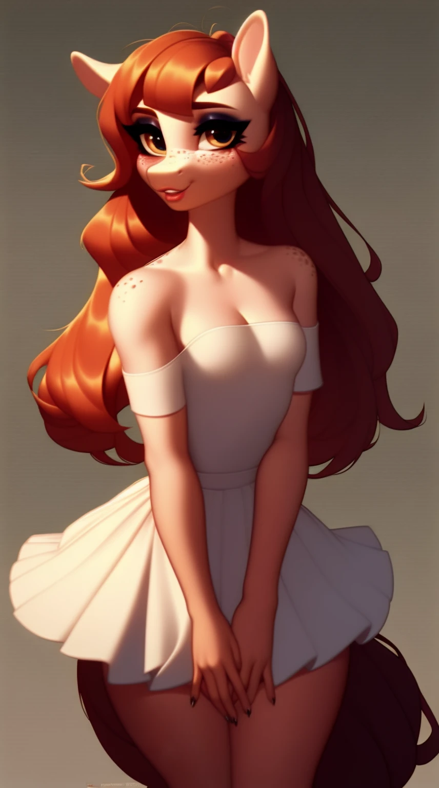 (score_9), (source_ derpibooru_p_95), (earth pony), ((anthro :1.1)), (shoulderless top, cute skirt), shy, blushing, solo, realistic long hair, bangs, anatomically correct, flat chest, curvy figure, high res, pink bottom lip, extremely detailed, absolutely stunning, freckles, skinny waist, beautiful makeup, at wedding banquet,