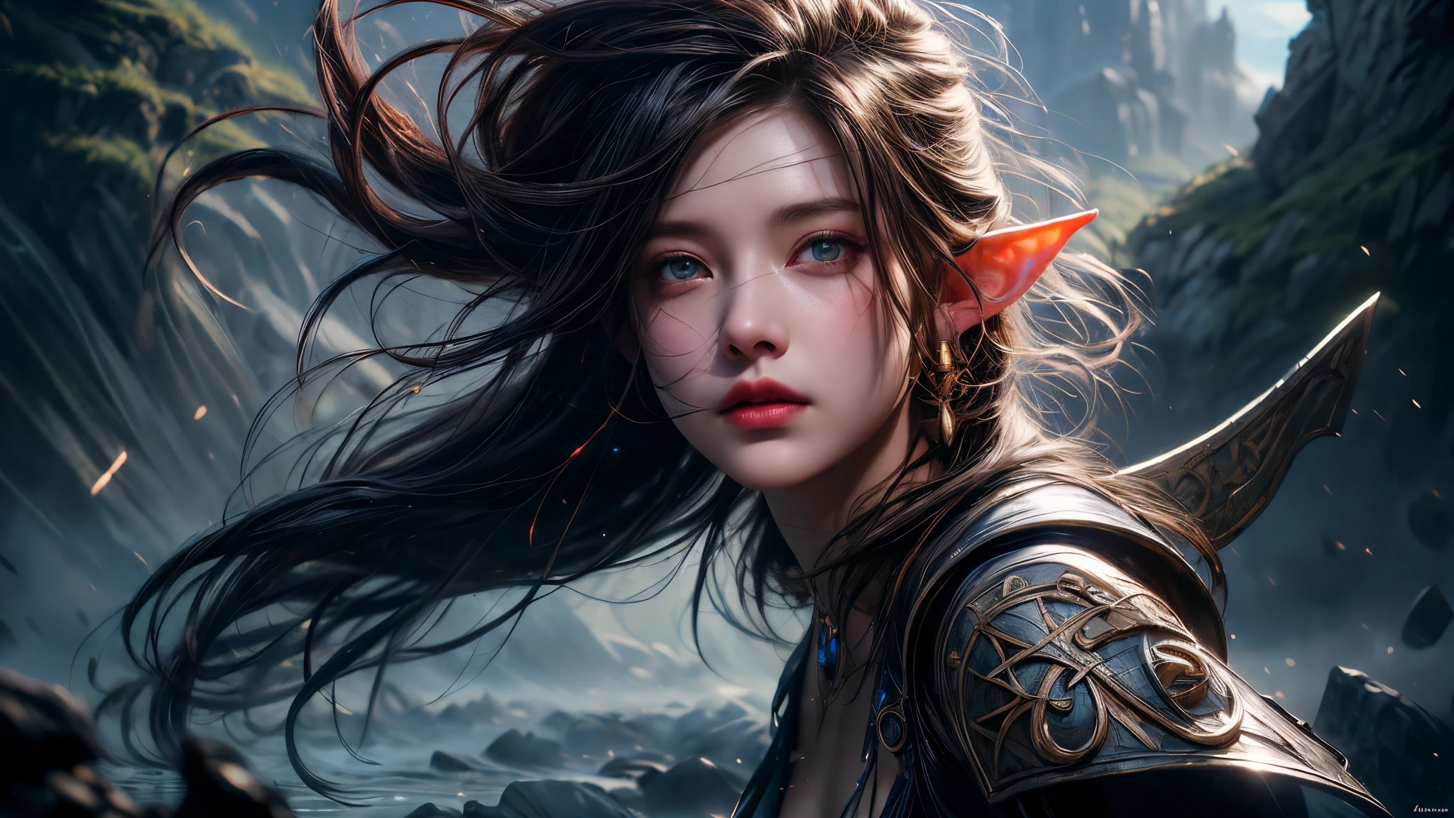 A mysterious  elf girl with glowing runes that float around her protectively. Particle lights floating around. Reflection light, high details, best quality, 16k, [ultra detailed], masterpiece, best quality, (extremely detailed), close up, ultra wide shot, photorealistic, RAW, fantasy art, dnd art, fantasy art, realistic art
