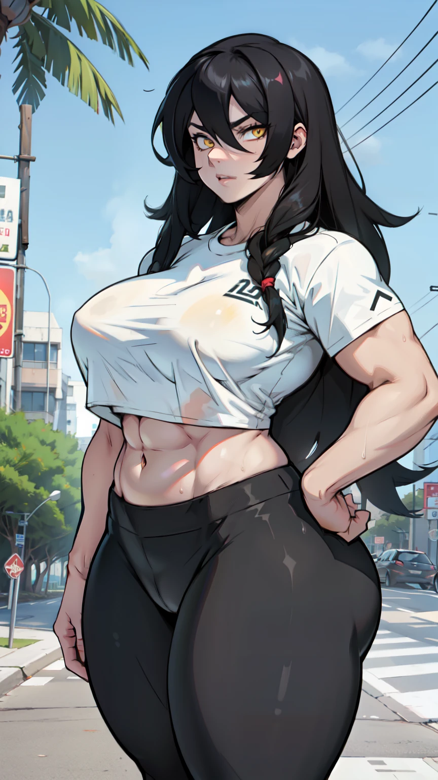  girl muscular girl thick girl pale skin girl black hair girl yellow eyes girl midriff navel abs massive breasts girl long hair hair between eyes leggings tight shirt (thick thick) sweaty 