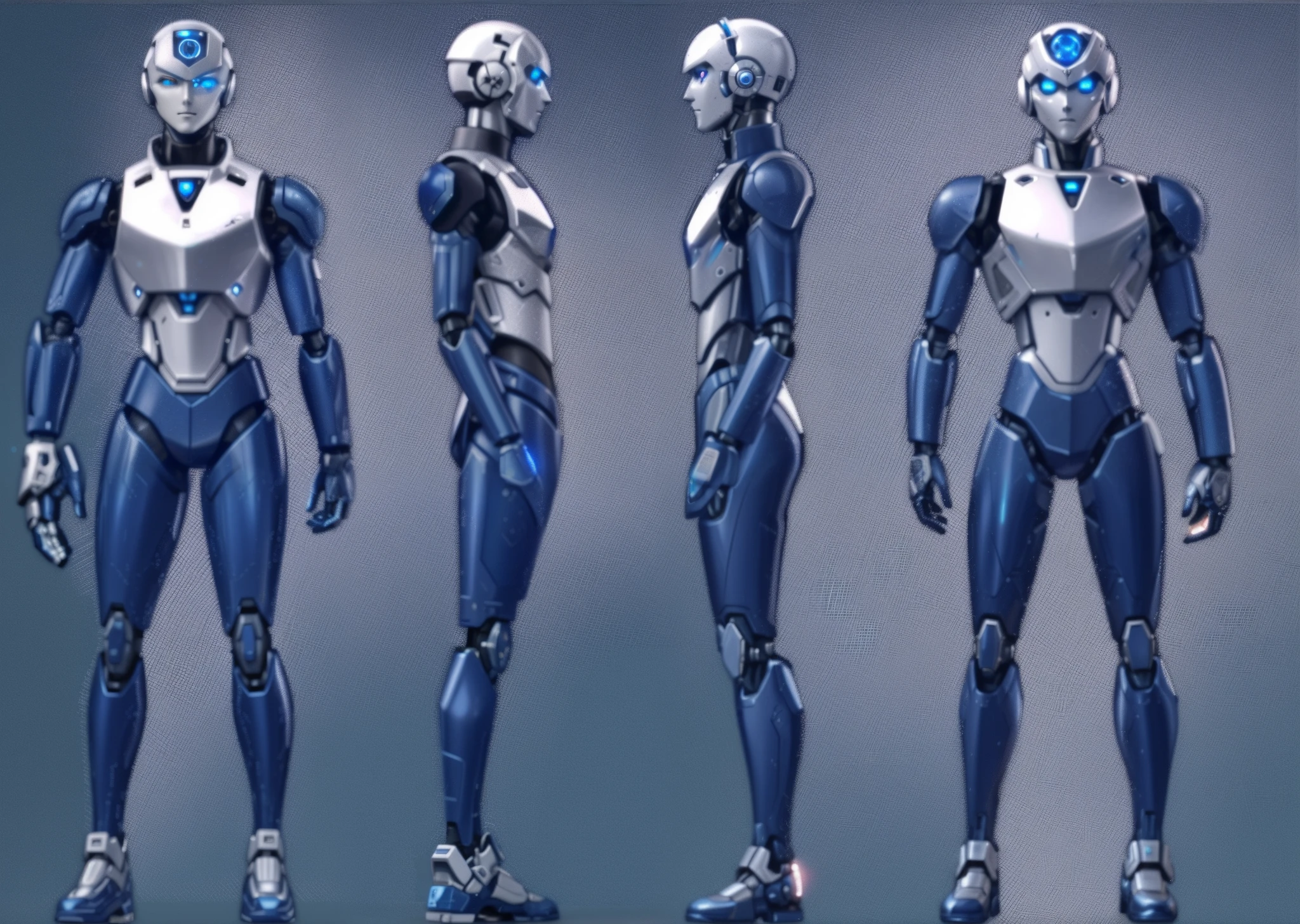 Character Sheet A humanoid robot of advanced design, with a silver metal casing and electric blue details. His head is spherical with blue LED eyes and a central light on his chest. It has segmented arms with visible joints and detailed hands. The legs are slender and strong, ending in feet that look like technological boots. Display a brown backpack over your right shoulder. Anime design style