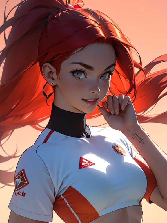 Cute Woman、red_background、big_breasts、Detailed_skin、Detailed_Eye、Detailed_hair、nurse_custom、An illustration、アニメ、POP、vivid、full_body、smile