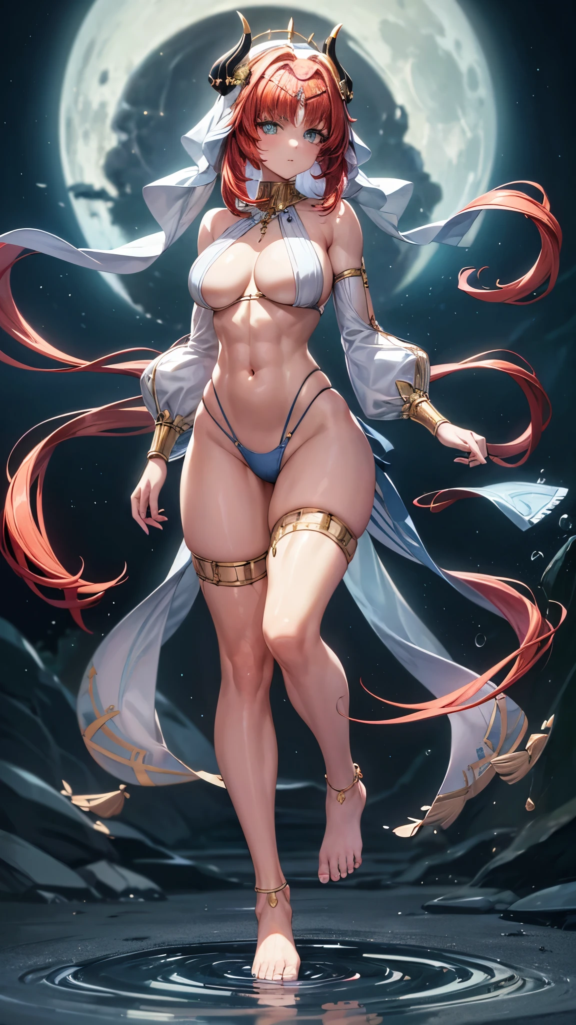 A girl, (nilou from Genshin Impact), with a straight haircut, large and expressive eyes, (wearing a very short and sensual bikini), (wearing blue nail polish on her hands and blue nail polish with pink on her feet), ((( thin muscular legs))), blue eyes, (((nilou))), red hair, long hair, Mesmerizing, medium breasts, (muscular belly), wide hips, thin waist, big ass, perfect feet with very well detailed toes , Perfect hands and very well detailed fingers, toenails a little square, standing, bare feet, full body photo, on the beach, at night with starry sky and full moon in the sky, bad mood, reflection in the eye, shining eyes , Sulking, anime, anime style, Cinematic lighting, ray tracing, Panorama, Sony FE, High definition, artwork, anatomically correct, Textured skin, super detail, high quality, high resolution, high definition, 16k
Consume