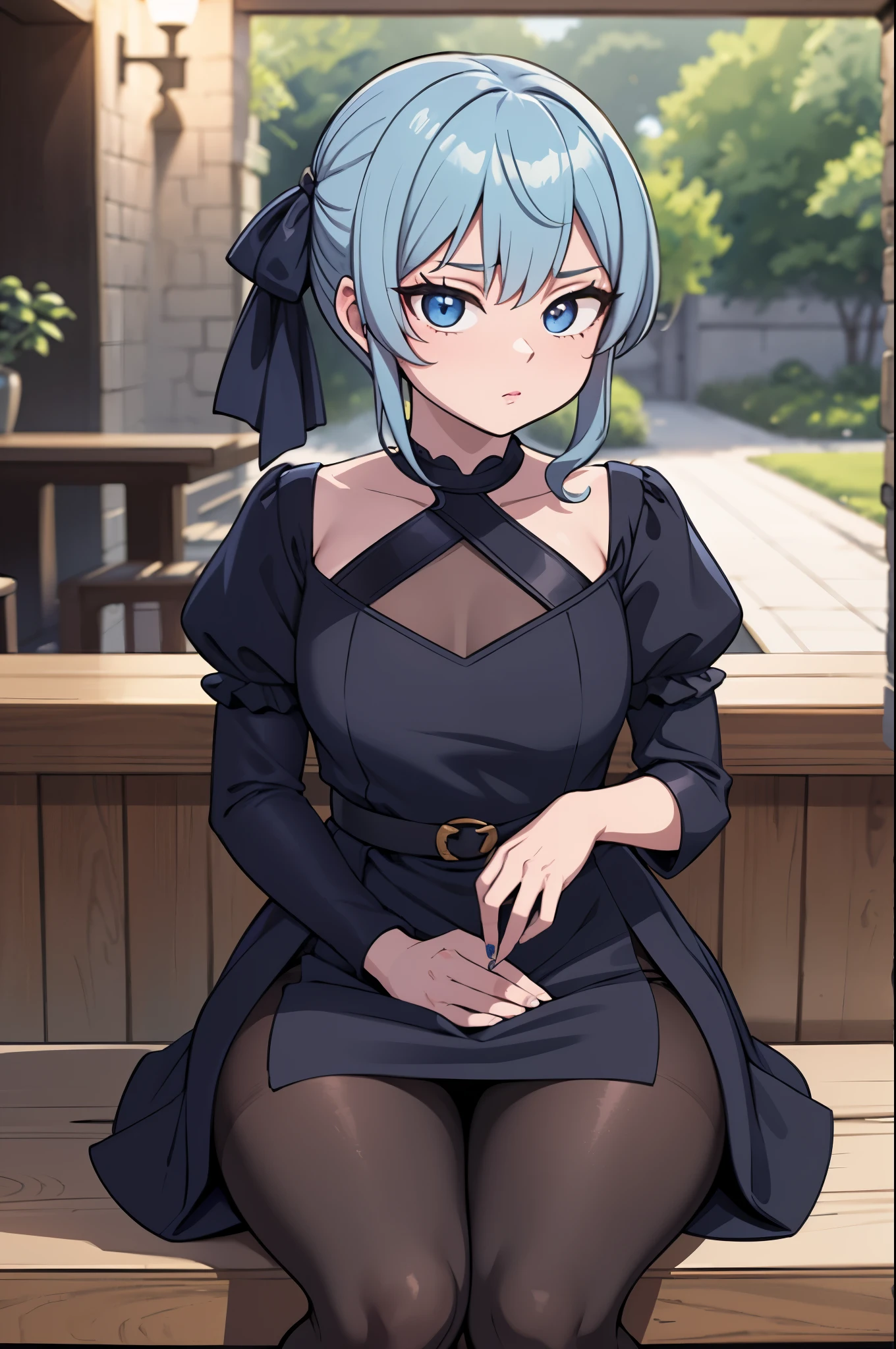 masterpiece, best quality, ultra-detailed, illustration, colorful, falt color, depth of field, 1girl, hoshimachi suisei, anime, sitting, blue hair, looking at viewer, at bar, black cocktail dress, pantyhose, black pantyhose, detailed skin texture, detailed cloth texture, beautiful detailed face