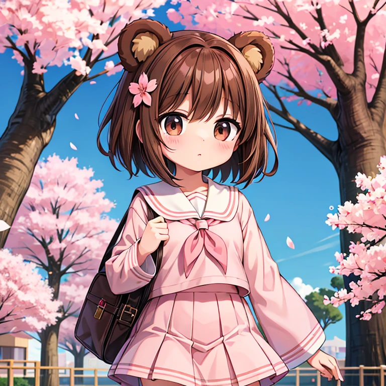 Anime girl with brown short hair bear ears brown eyes cute face flat chest pink japanese school uniform in park with cherry blossom tree