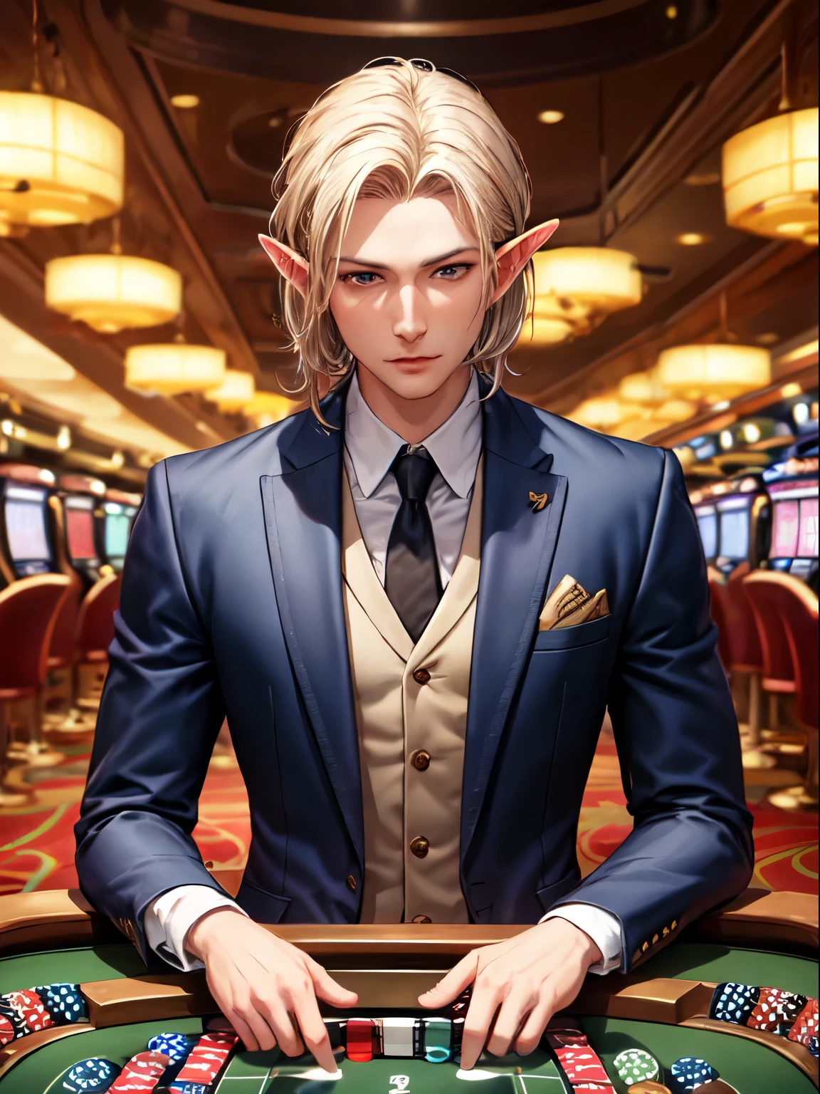 Fantasy artwork depicting an elven man in a nice suit standing at a roulette table in a casino, medieval fantasy artwork ((best quality)), ((masterpiece)), (detailed), perfect face