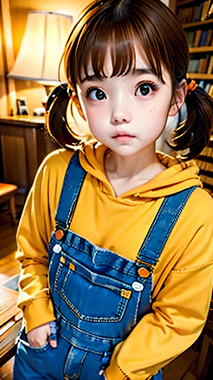 one girl、short twin tails、cute face、chestnut hair、charming eyes、An ennui look、beautiful skin、Orange hoodie、Denim overalls、Stylish poses、国会library、library、Book、Pale lighting、Lighting that looks like natural light、Calm atmosphere、silence、highest quality、Highest image quality、High resolution、master piece:1.3、８ｋ