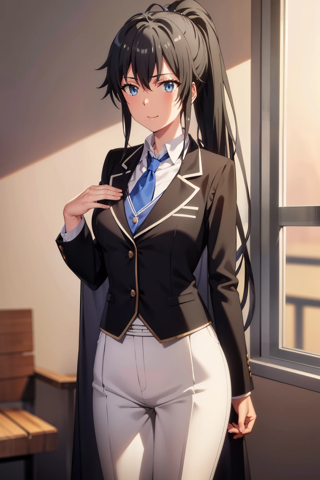 ((best quality)), ((masterpiece)), (detailed) 1girl 1girl, ;\), blurry, blurry_background, breasts, , hair_ponytail ribbon, looking_at_viewer, ok_sign, one_eye_closed, open_hand, Yukinoshita Yukino ,Woman wearing formal clothes, An attractive coat stands in a large gap in the room , 1girl, 独奏, blue necktie, Black hair, eyes blue, long hair, smile , collared shirt, white pants, white shirt , Elegantly designed coat , Stand in front of a window ,Perfectly tailored tailcoat. It has a stunning Victorian design and is made of lustrous fabric