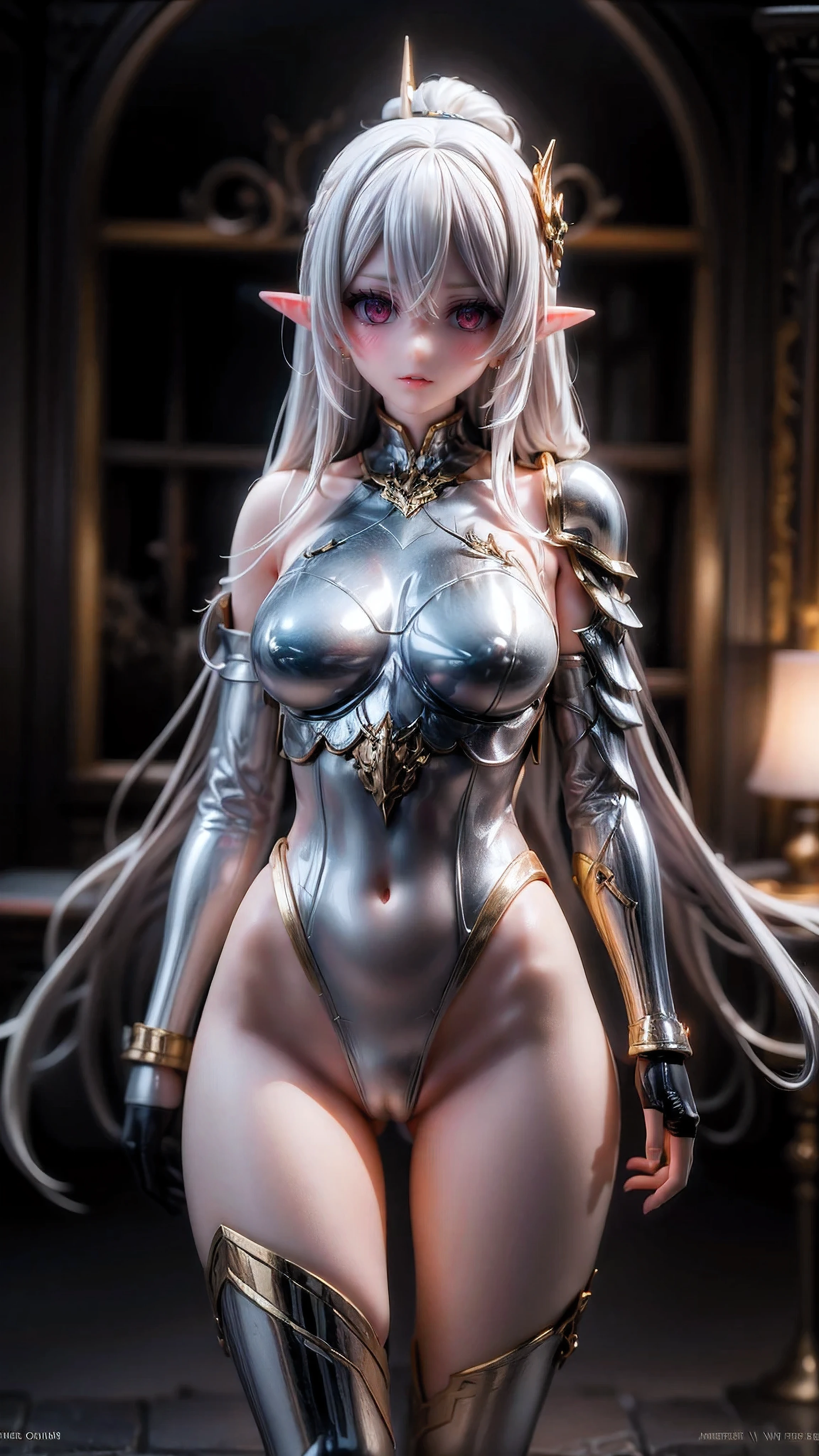 1girl, (((long white straight hair,))), dark knight,red eyes,beautiful face, upper body,(black Armor and golden robe,) looking at view, realistic photo,Evil laugh, (hiqcgbody) ,perfect female figure,earring,narrow waist, (looking at view), alluring,prestige,(fire,indoor,ruins)