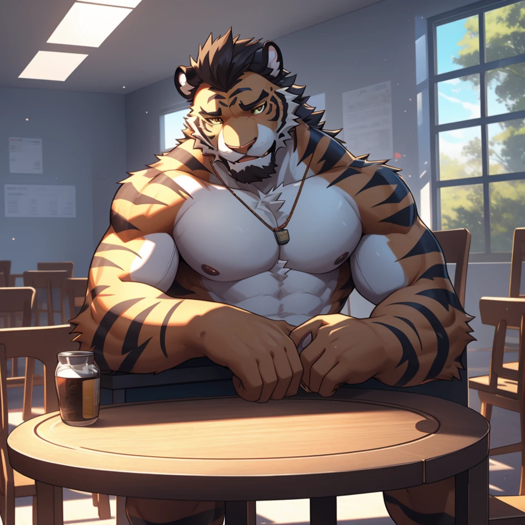 tiger orc, tall and athletic, sports student, Sunny and handsome, Camera on white round table, simple background, white wall, Dappled light, Natural light, Interior rendering, Jimi, clear details, realism, rendering, Nikon, c4d, 3DMAX, Redshift rendering, Corona rendering, Behavior -- ar 1:2--C 10, nude, hands crossed, Shy, oestrus