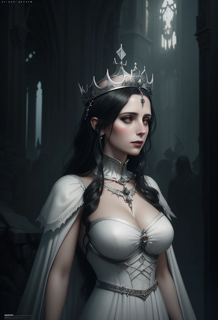 arafed image of a woman in a white dress and a crown, tom bagshaw weta studio, yuri shwedoff and tom bagshaw, unreal engine render + a goddess, lady dimitrescu, gothic fantasy art, elegant cinematic fantasy art, queen of the underworld, the witch queen, medieval dark fantasy, tomasz alen kopera and cgsociety