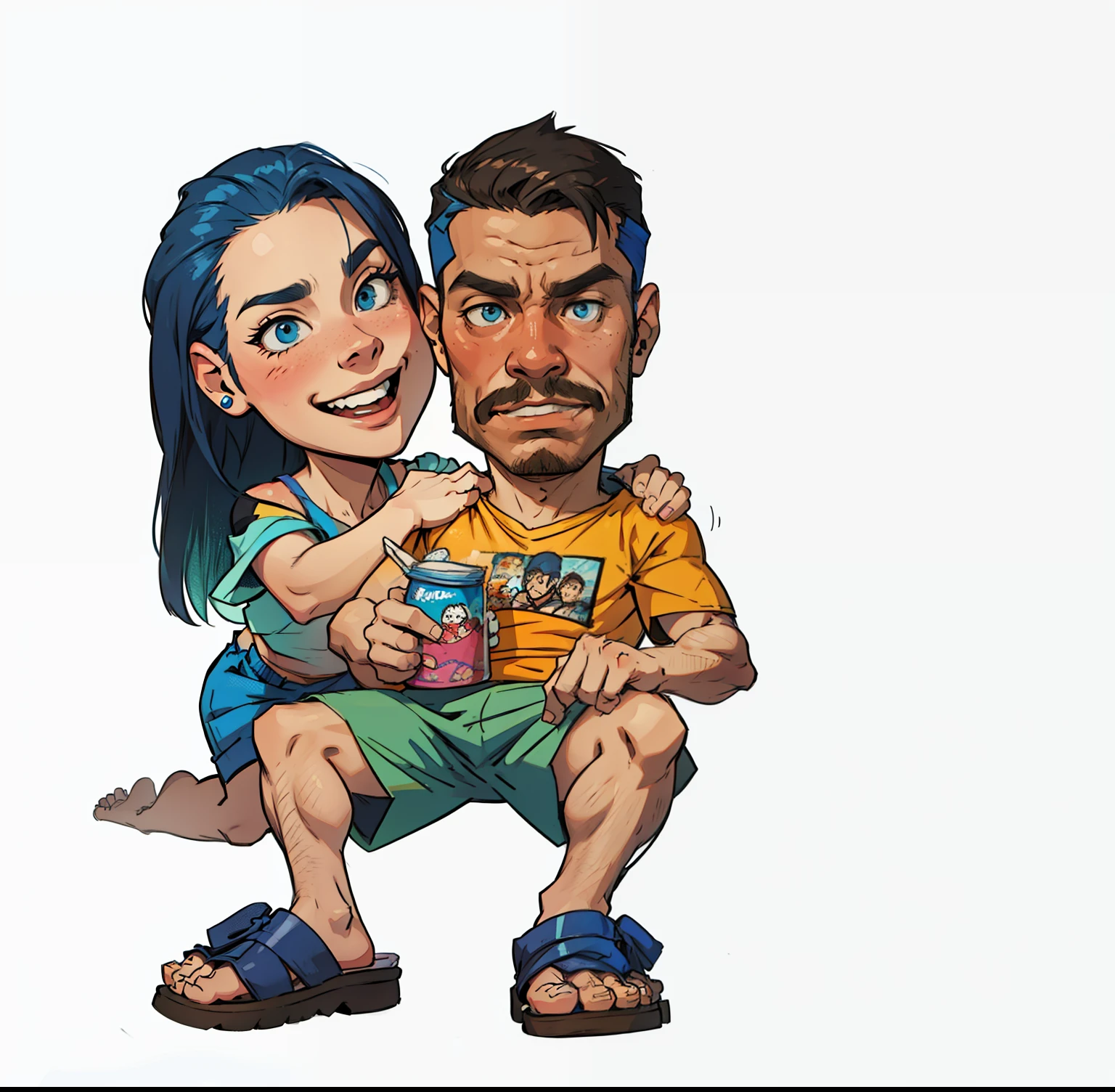 Caricatura, casal, estilo realista, homem com camiseta azul, sentado em uma cadeira.