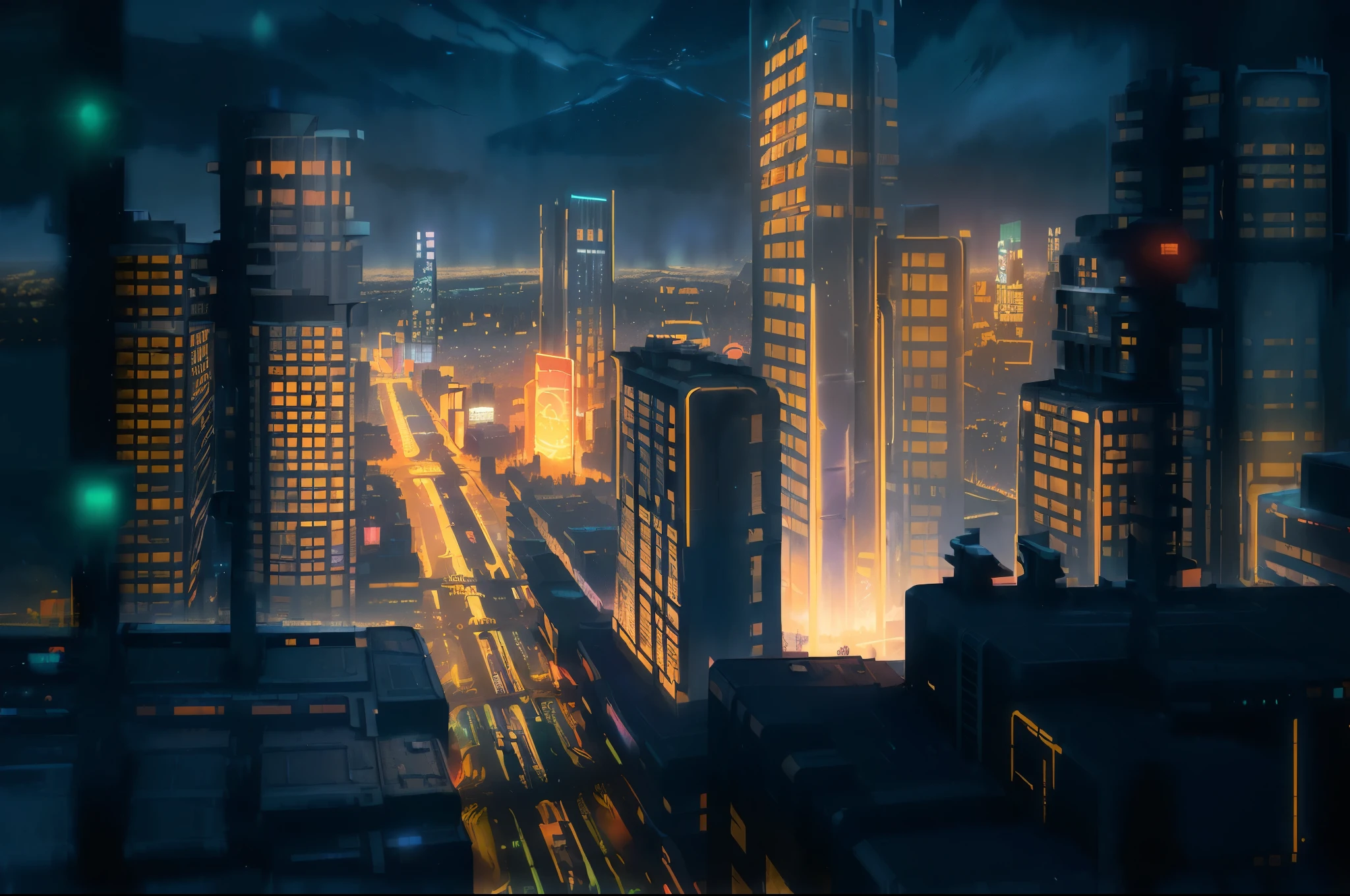 nighttime view of a city with a lot of tall buildings, stylized urban fantasy artwork, night cityscape, urban concept art, matte painting comic book art, luminescent matte painting, illustration matte painting, night - time city background, night city on the background, night city, dramatic lighting. concept art, cinematic neon matte painting, bladerunner city landscape, city night