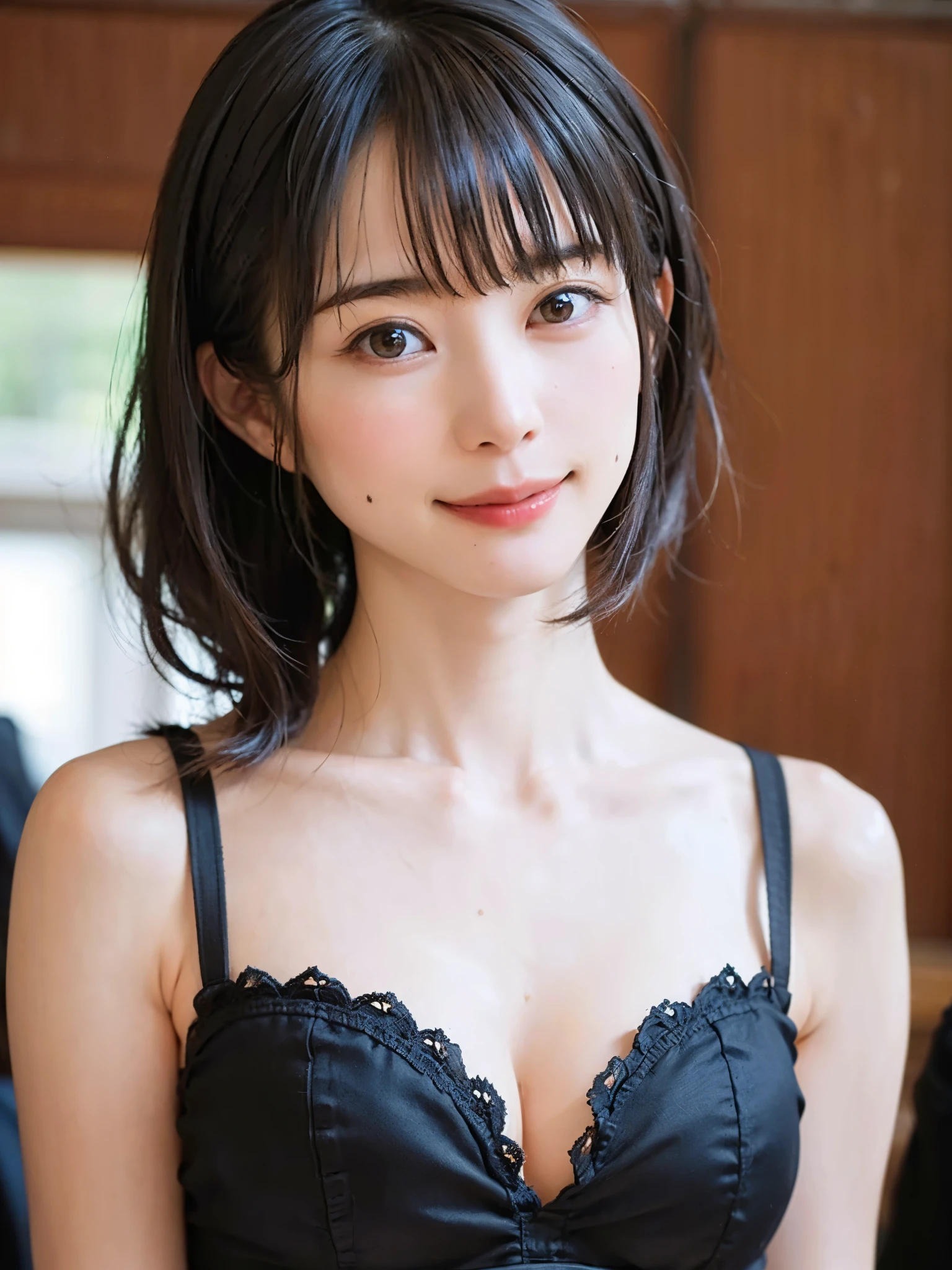 (masterpiece, highest quality),1 girl, alone, hyper realistic, realistic,realistic, looking at the viewer, light brown eyes:1.4,非常に詳細な光沢のある髪を持つブルネットのshort bob hair, bright colored winter clothes, lepangas:1.4), outdoor, closed mouth, Upper body、Big eyes、eyelash、{Huge|big|Hugeな|mega} chest:1.4, cleavage:1.4、(((Big eyes、short bob hair、Highlights from students、look at the audience、she is very beautiful and cute、show me your ears、long neck、smile、Close your mouth and smile、bangs beautiful teeth)))、ideal body proportions、(Snow-covered tree-lined street in Norway in winter)、美しいlong neck:1.4%
