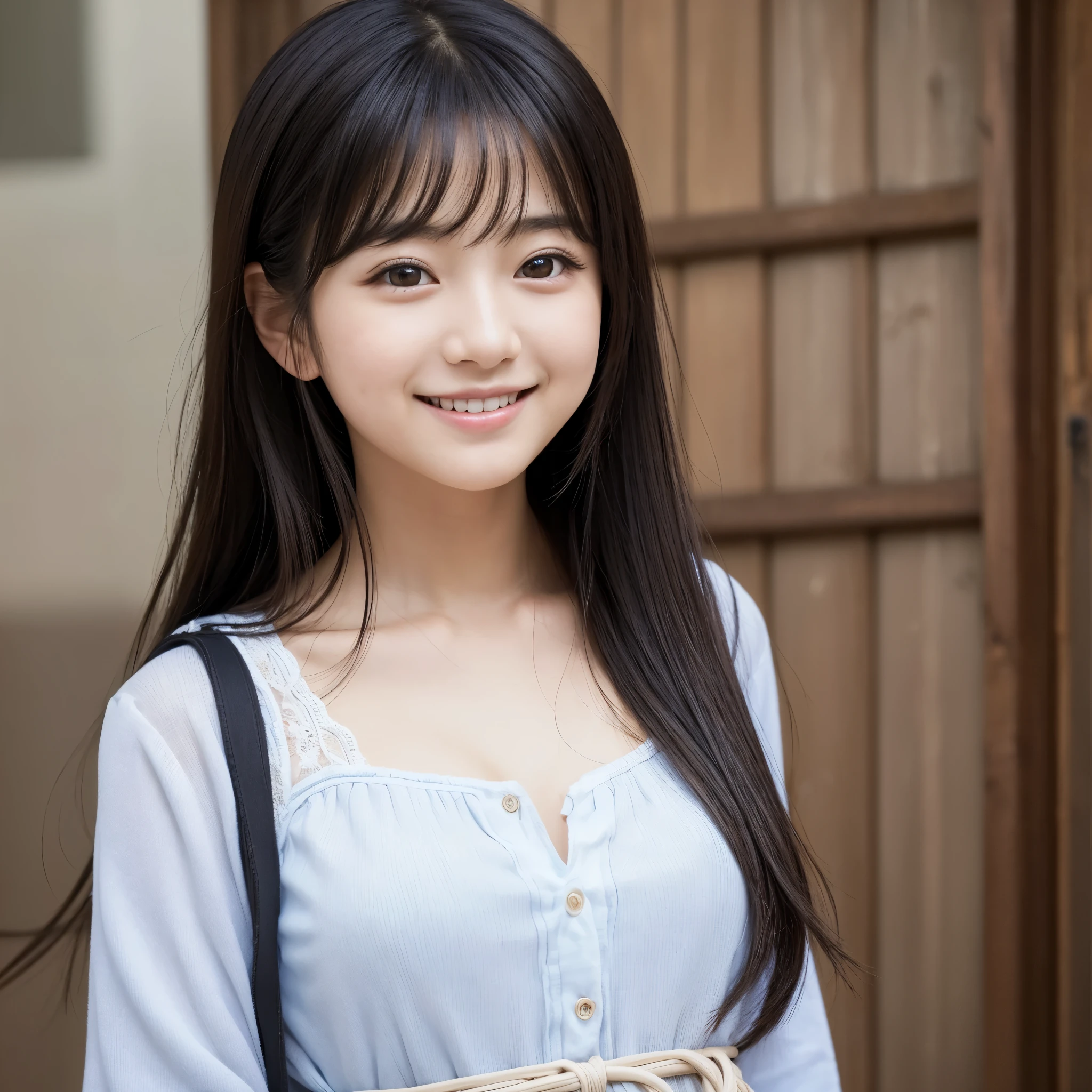 Best-quality, Masterpiece, Ultra-High-Resolution, (Photorealistic:1.4), Raw-Photo, 1girl, the most famous Japanese idol, innocent smile, extremely cute face like the most popular Japanese idol, extremely beautiful big-black-eyes like the most popular Japanese idol, extremely beautiful hair