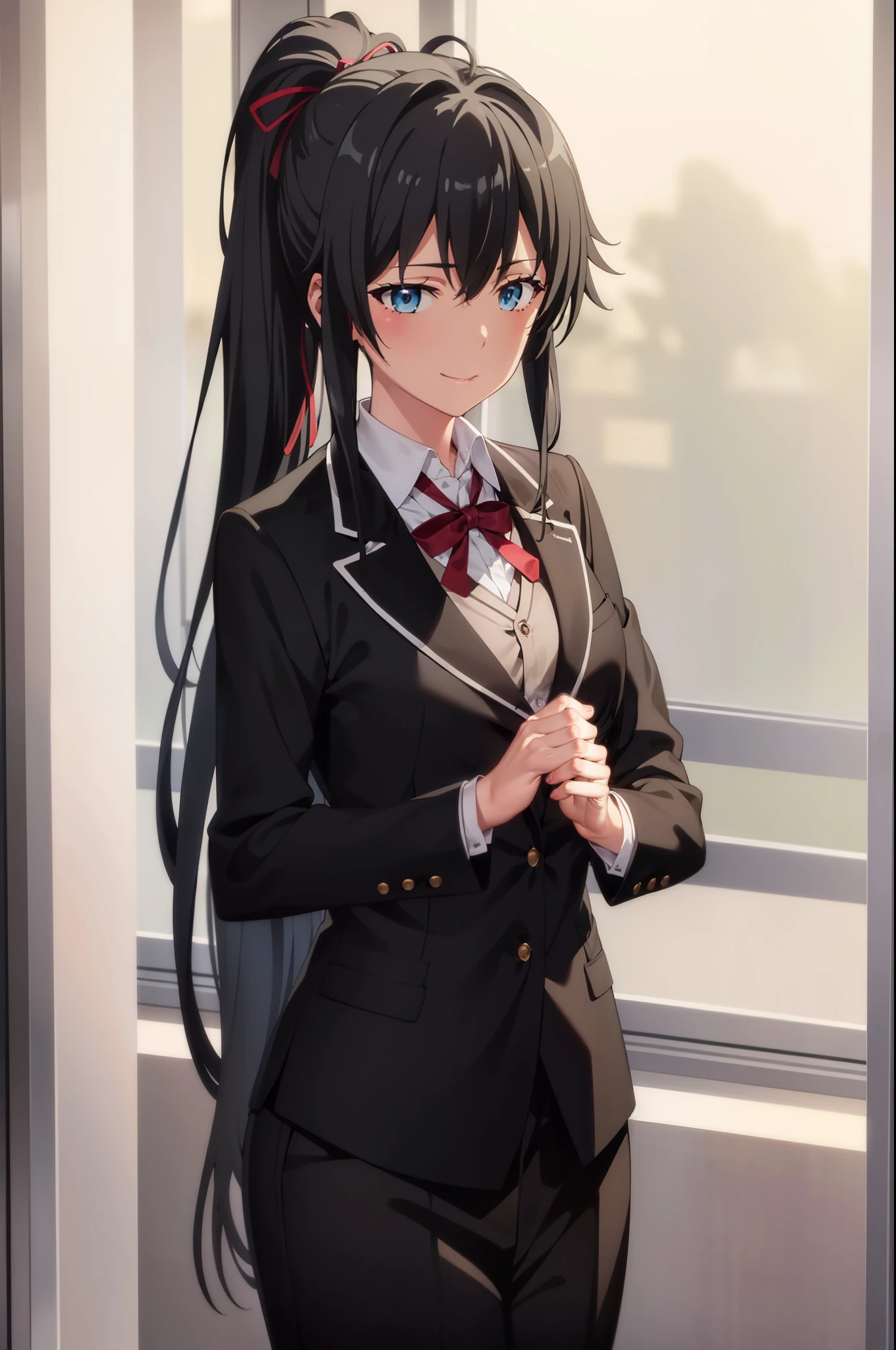 ((best quality)), ((masterpiece)), (detailed) 1girl 1girl, ;\), blurry, blurry_background, breasts, , hair_ponytail ribbon, looking_at_viewer, ok_sign, one_eye_closed, open_hand, Yukinoshita Yukino ,Woman wearing formal clothes, An attractive coat stands in a large gap in the room , 1girl, 独奏, blue necktie, Black hair, eyes blue, long hair, smile , collared shirt, white pants, white shirt , Elegantly designed coat , Stand in front of a window ,Perfectly tailored tailcoat. It has a stunning Victorian design and is made of lustrous fabric