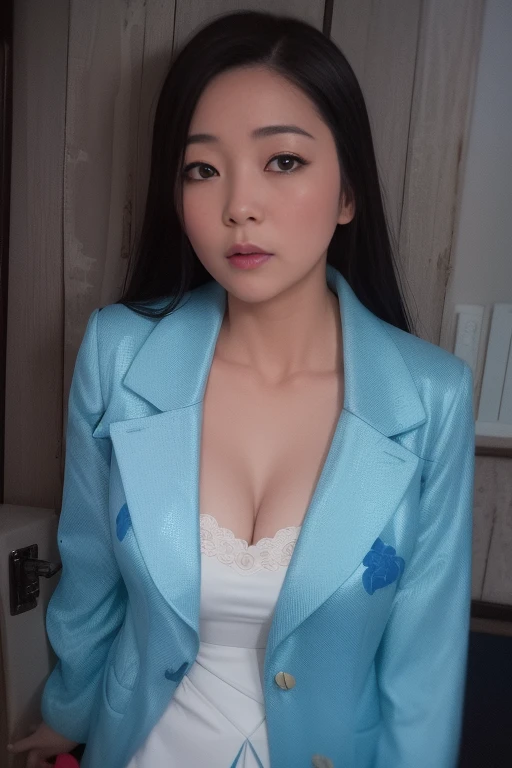 There is a woman wearing a blue jacket and white top., in a blue qipao, Wearing Blue Cheongsam, wearing blue jacket, wearing blue jacket, Jen Gee, 派手なwearing a jacket, asian woman, akiko takase, wearing a blue robe, Chinese female, 3 / 4 View Portrait, wearing a light blue suit, wearing a jacket