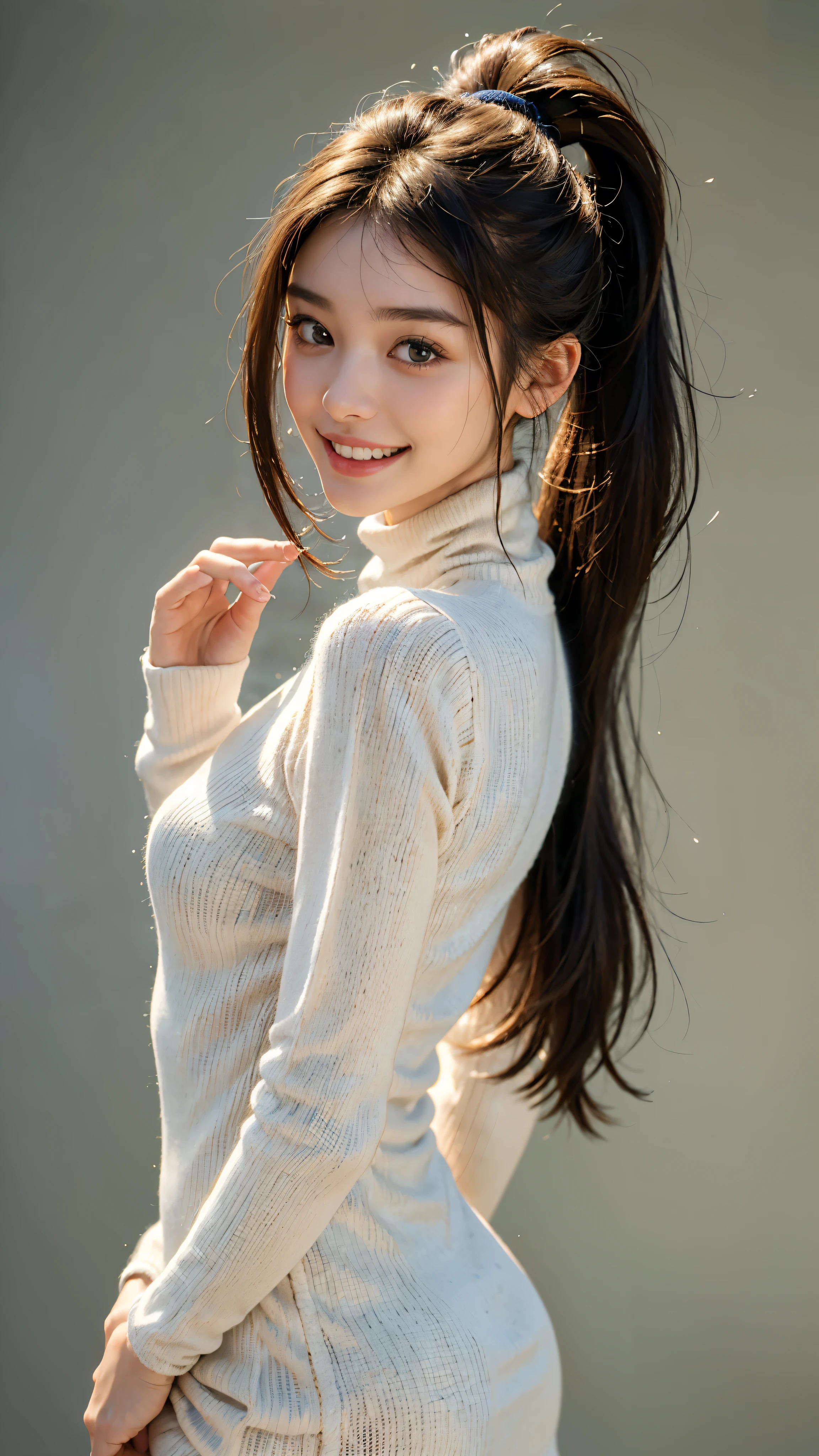highest quality, masterpiece, ultra high resolution, (realistic:1.4), (close portrait) RAW photo, 1 girl, 22 years ago, (((Black Turtleneck Open Back Knit Dress White))), masterpiece, realistic pictures, japanese pictures, fuji negative film, saturation, contrast, Pocari Sweat Advertisement ((small breasts)),((smile showing teeth)),long hair top ponytail,brown hair,