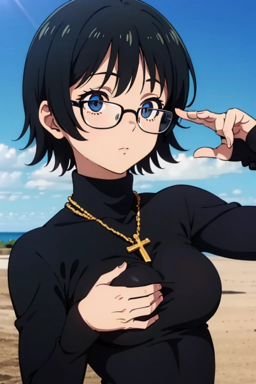 Shizuku Murasaki, 1girl, cute, black hair, short hair, glasses, expressionless, huge breast, ((tight black long sleeve turtleneck:1.5)), (front view, upper body, looking at view), (masterpiece, high resolution, best quality, anime colored, anime screencap, 8k, photorealistic), denim, inverted cross chain necklace, (perfect detailed anatomy, beautiful detailed eyes&hair, beautiful detailed body&clothes), sunshine outdoors