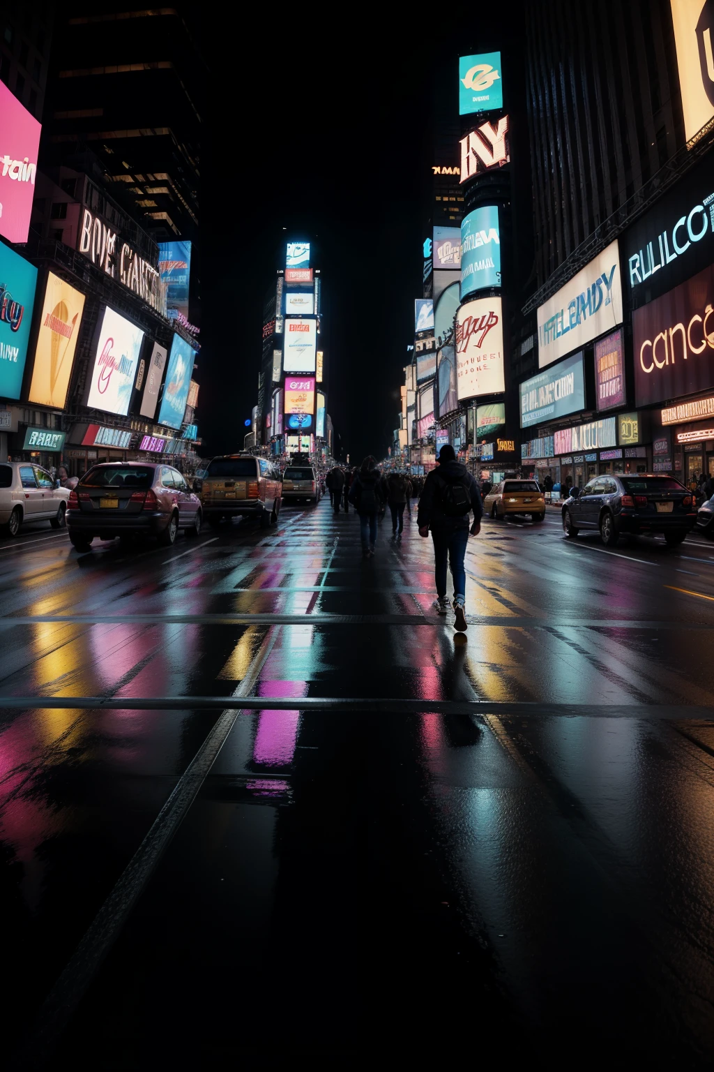 (RAW style, masterpiece, best quality, ultra-detailed), New York Timesquare, billboards, massive writing "Hug Your Opp", night time, neon bright lights, (film noir, gritty texture), cinematic light, top-down perspective, ultra high res, vintage look, intricate details, hyper-realistic, sharp contrast, glowing neon signs, grungy urban background, bustling crowds, immersive atmosphere, (mood: thought-provoking), (visuals: stunning).