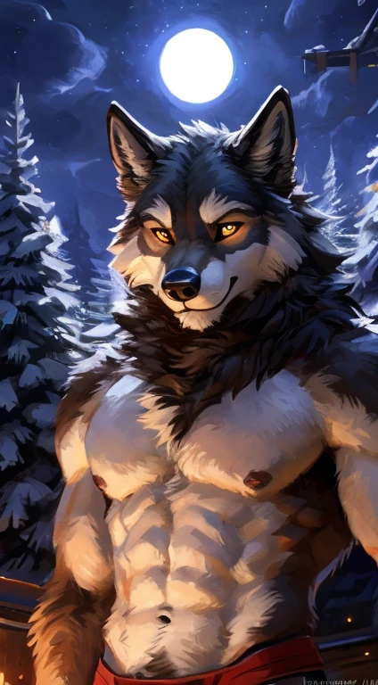 Wolf male, full body covered in fluffy fur, , big muscular chest, volumetric abs, day, , detailed, uploaded to e621, beautiful and detailed portrait of an anthropomorphic white wolf (((male))) kenket, ross tran, ruan jia, uploaded to e621, zaush, foxovh, movie lighting, moon lights, glowing eyes, white fur, long dark mane of hair, wear red underwear