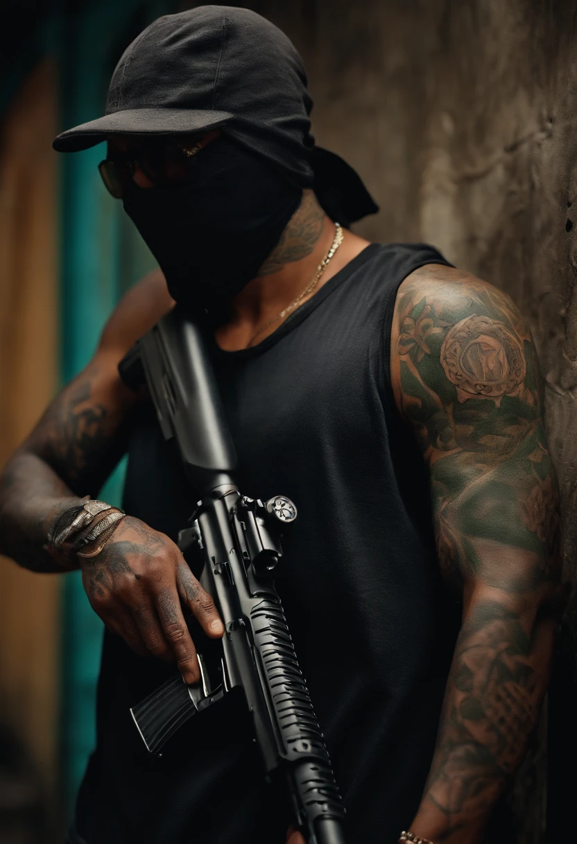 Drug dealer man with tattoos on arms, sem face, with face covered by a ninja cap on his head, inside a favela with rifle in hand 