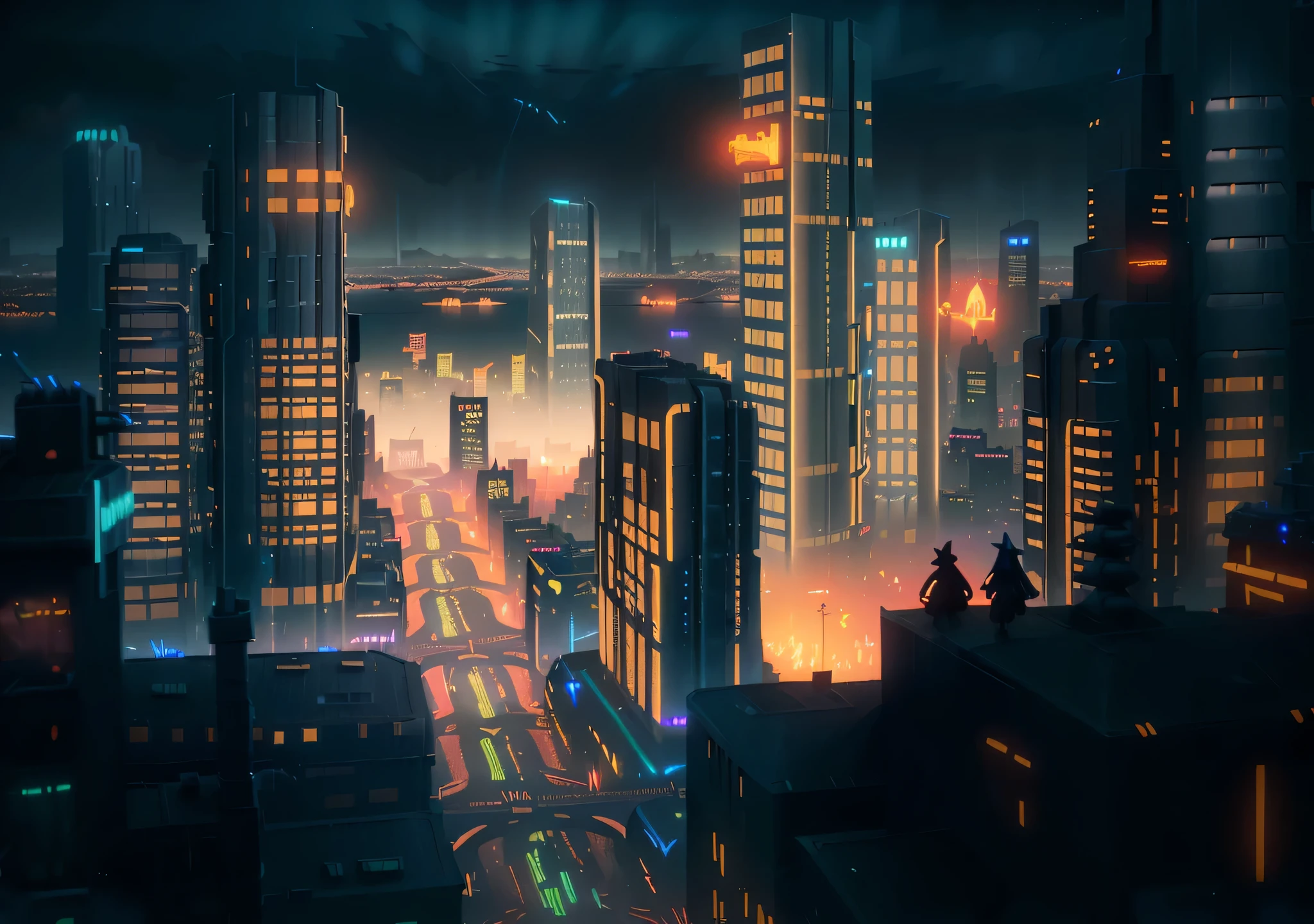 nighttime view of a city with a lot of tall buildings, stylized urban fantasy artwork, night cityscape, urban concept art, matte painting comic book art, luminescent matte painting, illustration matte painting, night - time city background, night city on the background, night city, dramatic lighting. concept art, cinematic neon matte painting, bladerunner city landscape, city night