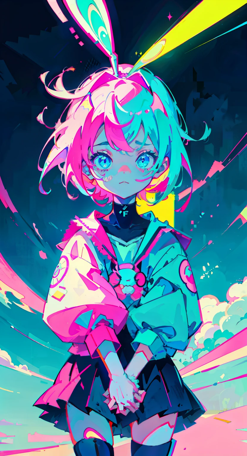 anime girl, toddler, wearing bunny suit, neon pink and blue colors, crying, angry, face to sky, neon style of whole shot, tick lines, 