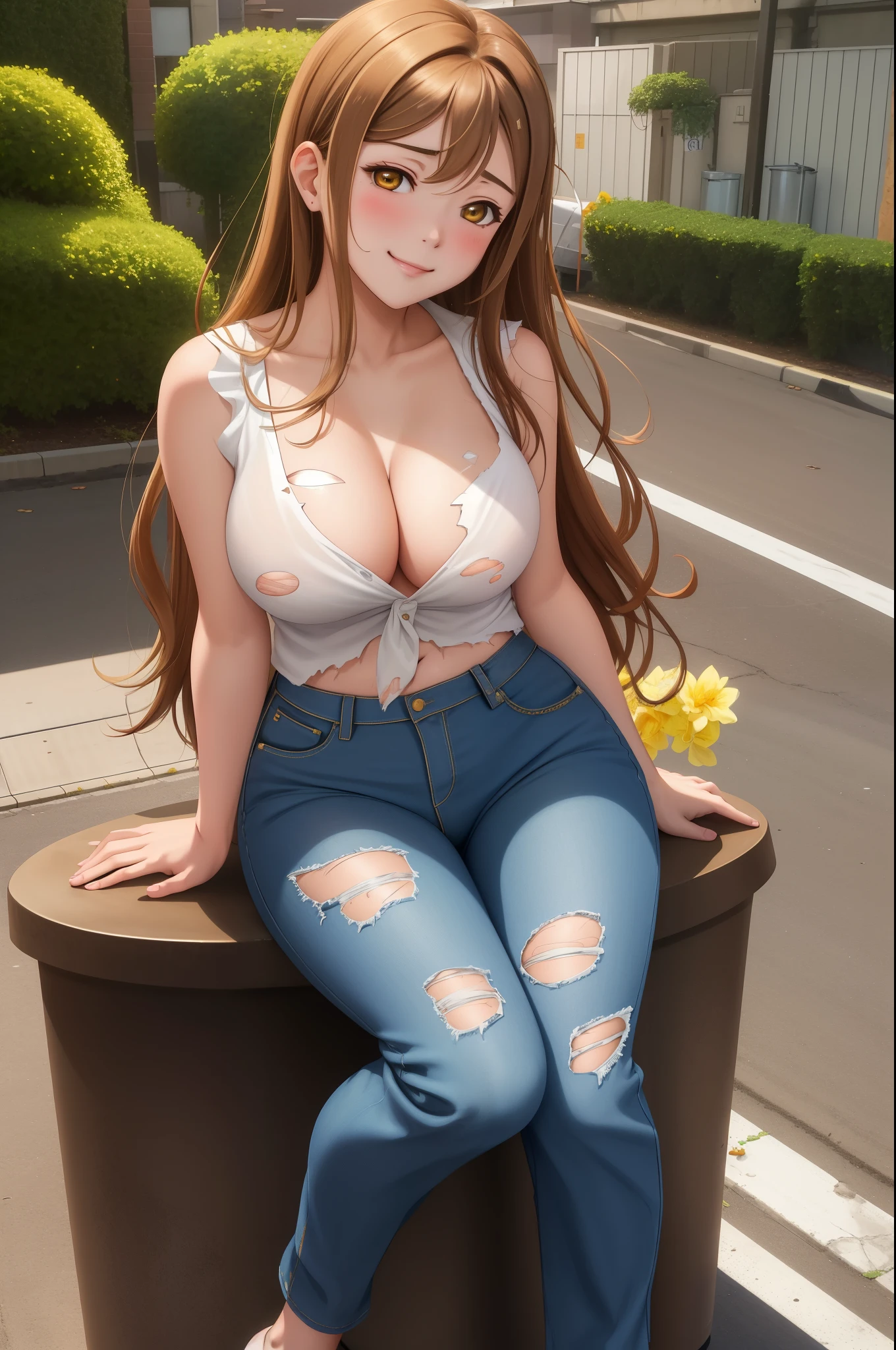 masterpiece, best quality,(NSFW:0.7), (kunikida hanamaru:0.999), (long hair:0.888), (breasts:0.878), (brown hair:0.875), (looking at viewer:0.699), (large breasts:1.0), Blush, oversize blouse,pants, stylish, sitting on street behind trash cans, light rays, glow, thighs, collarbone, smirk , sleeveless ,(torn clothes:1.2)