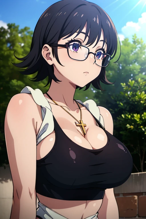 Shizuku Murasaki, 1girl, cute, black hair, short hair, glasses, expressionless, huge breast, ((tanktop:1.5)), (front view, upper body, looking at view), (masterpiece, high resolution, best quality, anime colored, anime screencap, 8k, photorealistic), denim, inverted cross chain necklace, (perfect detailed anatomy, beautiful detailed eyes&hair, beautiful detailed body&clothes), sunshine outdoors