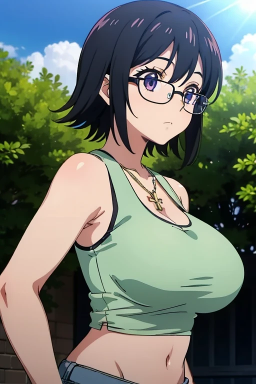 Shizuku Murasaki, 1girl, cute, black hair, short hair, glasses, expressionless, huge breast, ((tanktop:1.5)), (front view, upper body, looking at view), (masterpiece, high resolution, best quality, anime colored, anime screencap, 8k, photorealistic), denim, inverted cross chain necklace, (perfect detailed anatomy, beautiful detailed eyes&hair, beautiful detailed body&clothes), sunshine outdoors