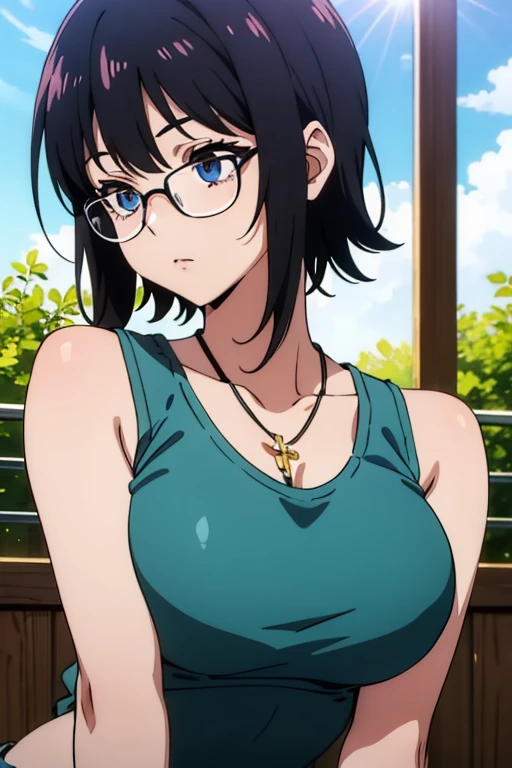 Shizuku Murasaki, 1girl, cute, black hair, short hair, glasses, expressionless, huge breast, ((tanktop:1.5)), (front view, upper body, looking at view), (masterpiece, high resolution, best quality, anime colored, anime screencap, 8k, photorealistic), denim, inverted cross chain necklace, (perfect detailed anatomy, beautiful detailed eyes&hair, beautiful detailed body&clothes), sunshine outdoors