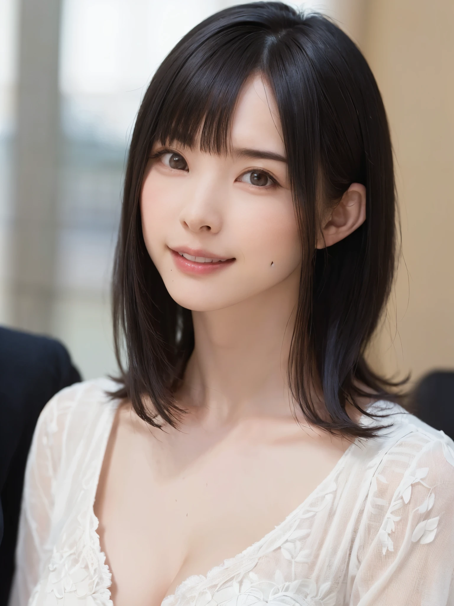 (table top, highest quality、Ultra - High resolution、very attractive beauty、Add intense highlights to your eyes、Please look closely at the camera:1.4、Absolutely beautiful bangs:1.4、Brunette short bob hair with bangs:1.4),1 girl, solo, black haired, scarf, hat,, realistic, looking at the viewer, pale black eyes, short hair, coat, Winter clothes, White headscarf, lips, lip gloss, Upper body、Big eyes、eyelash)、((italian roads、ハイパーrealisticスティック:1.4))、((short hair with bangs:1.4、Beautiful bangs with 46 points:1.4、{huge|big|hugeな|mega} chest, cleavage、Big eyes、Give students very strong highlights、very bigger chest、look at the viewer、very beautiful beauty、Please show your ears、long neck、smile a little、beautiful teeth、open your mouth and smile))、28 years old、very cute super model